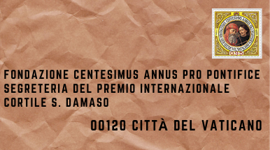 Busta da lettera con francobollo della Fondazione Centesimus Annus Pro Pontifice Segreteria del Premio Internazionale Cortile S. Damaso 00120 Città del Vaticano